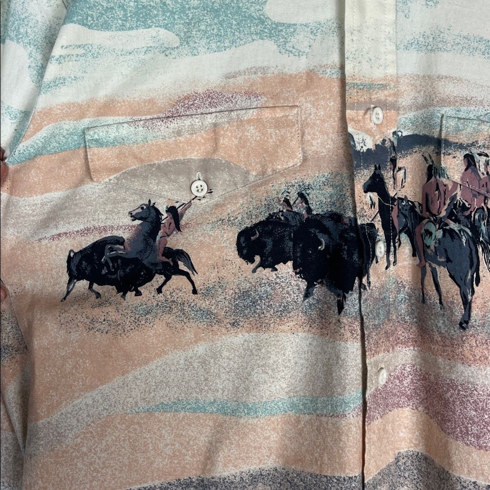 Vintage 1950s Roper Western Buffalo Hunting Pastel Button Down Shirt Men's M - Picture 3 of 11